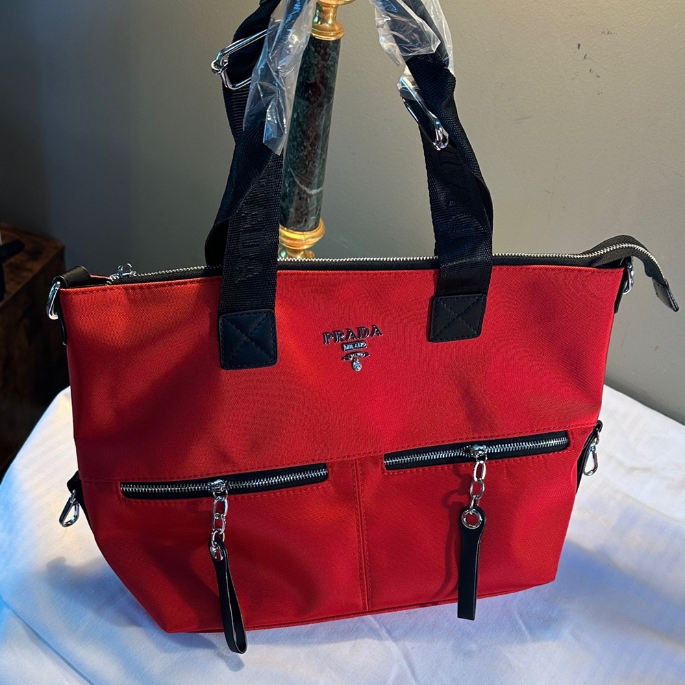 Red Nylon Tote with Black Handles
